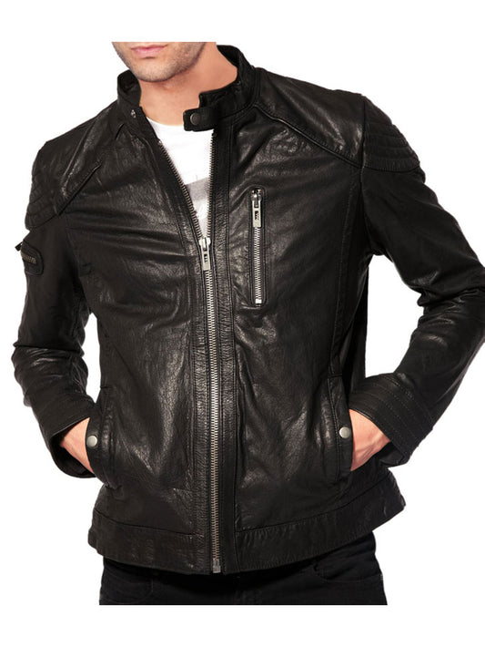 Biceps Quilted Zippered Biker Genuine Leather Jacket for Men