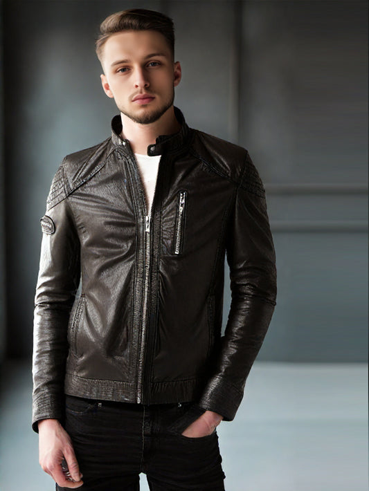 Biceps Quilted Zippered Biker Genuine Leather Jacket for Men
