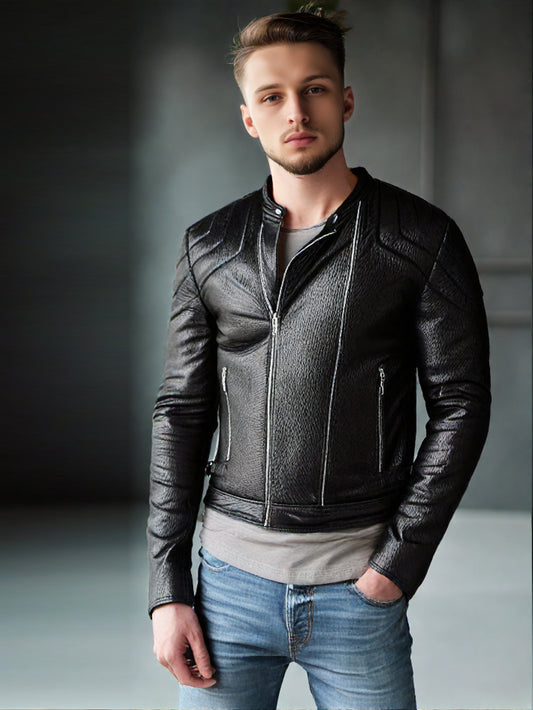 Biker Genuine Leather Jacket with Buckle Hip Tabs for Men