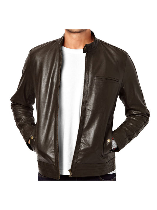 Biker Genuine Leather Jacket with Throat Tab Closure for Men