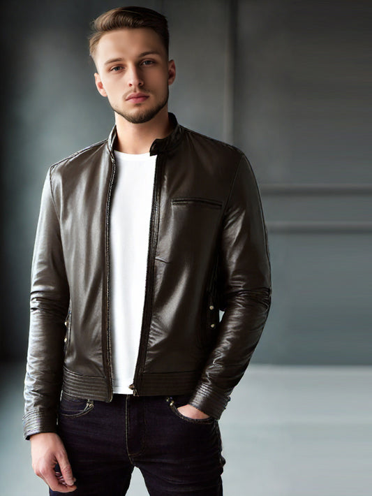 Biker Genuine Leather Jacket with Throat Tab Closure for Men