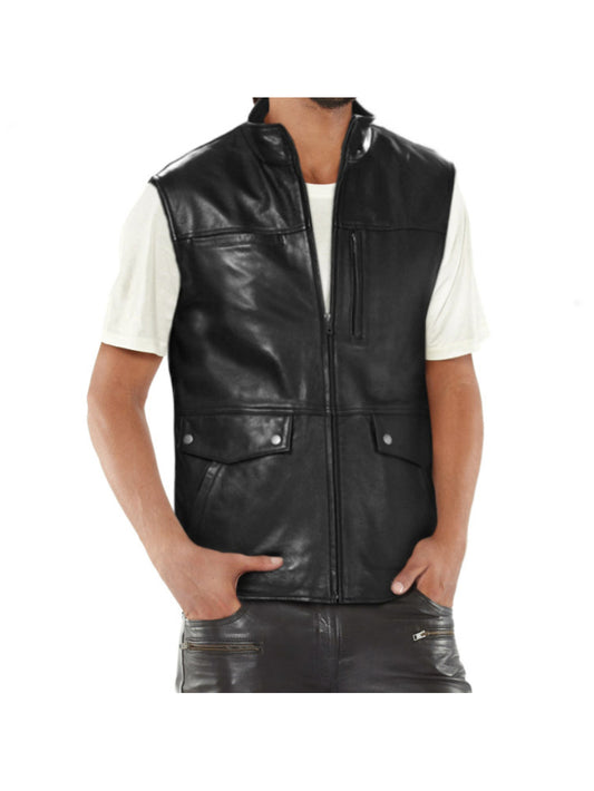 Black Biker Genuine Leather Vest With Flap Pockets for Men