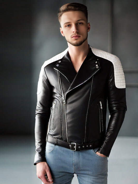 Black & White Belted Genuine Leather Jacket for Men