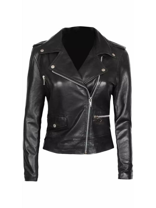 Broad Collar Cross-Zip Leather Moto Jacket