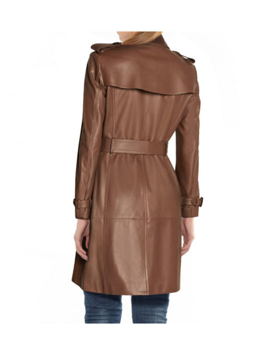 Brown Minimalist Leather Trench Coat for Women