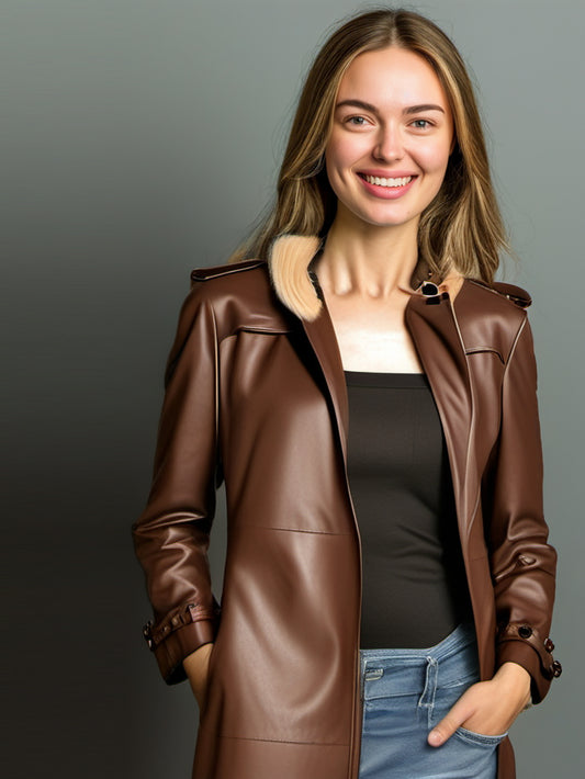 Brown Minimalist Leather Trench Coat for Women