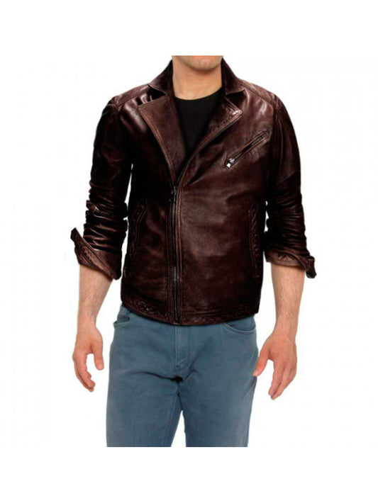 Brown Notched Lapel Moto Genuine Leather Jacket for Men