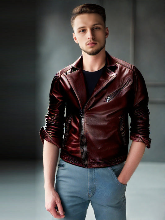 Brown Notched Lapel Moto Genuine Leather Jacket for Men