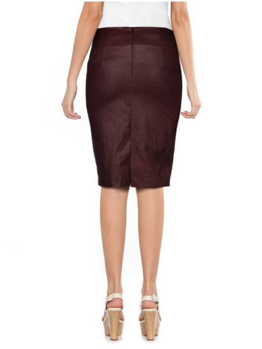 Brown Ribbed Pencil Leather Skirt