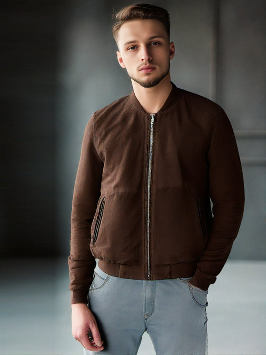 Brown Suede Leather Bomber with Round Collar for Men