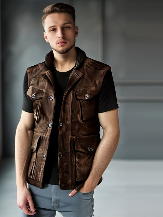 Brown Genuine Suede Leather Motorcycle Vest for Men
