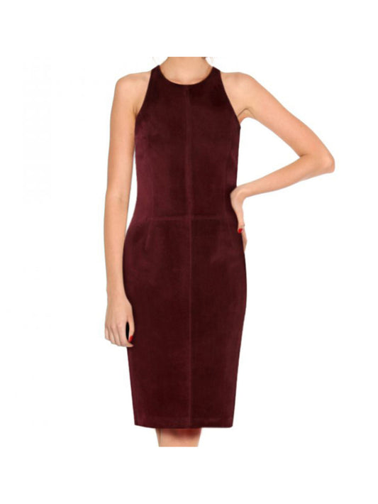 Burgundy Back-Cutout Suede Leather Dress