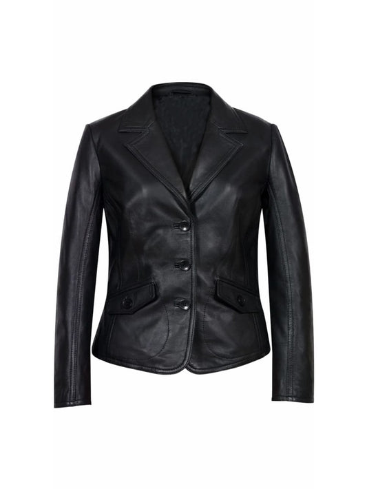 Buttoned Elegance Leather Blazer for Women