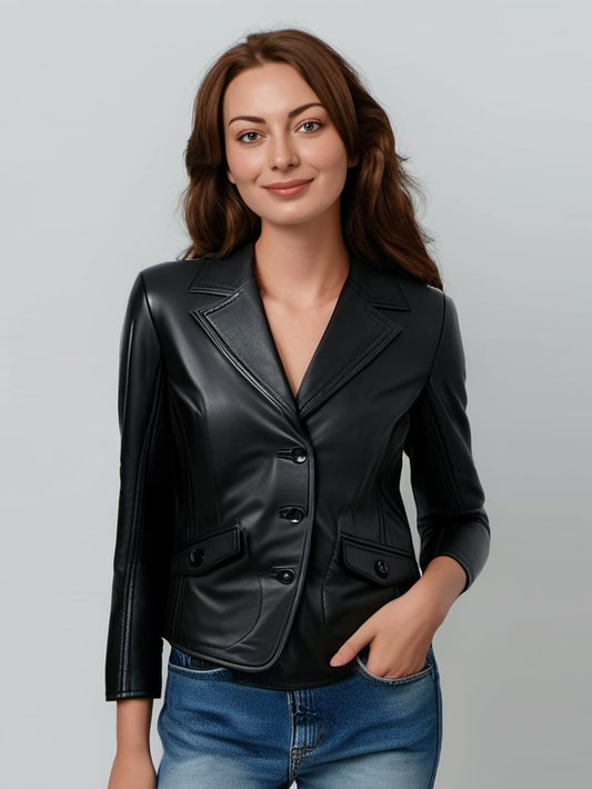 Buttoned Elegance Leather Blazer for Women