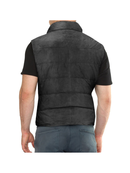 Buttoned Placket Grey Genuine Suede Leather Vest for Men