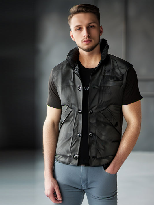 Buttoned Placket Grey Genuine Suede Leather Vest for Men