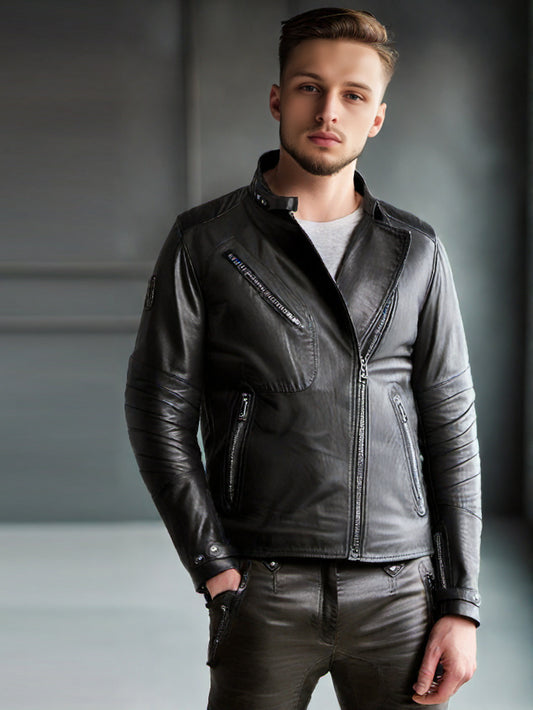 Cafe Racer Quilted Genuine Leather Jacket for Men