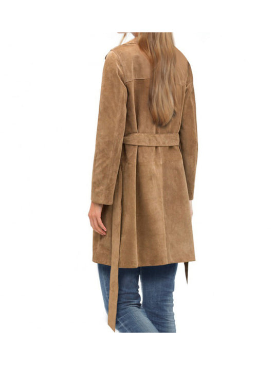 Camel Belted Trench Leather Coat for Women