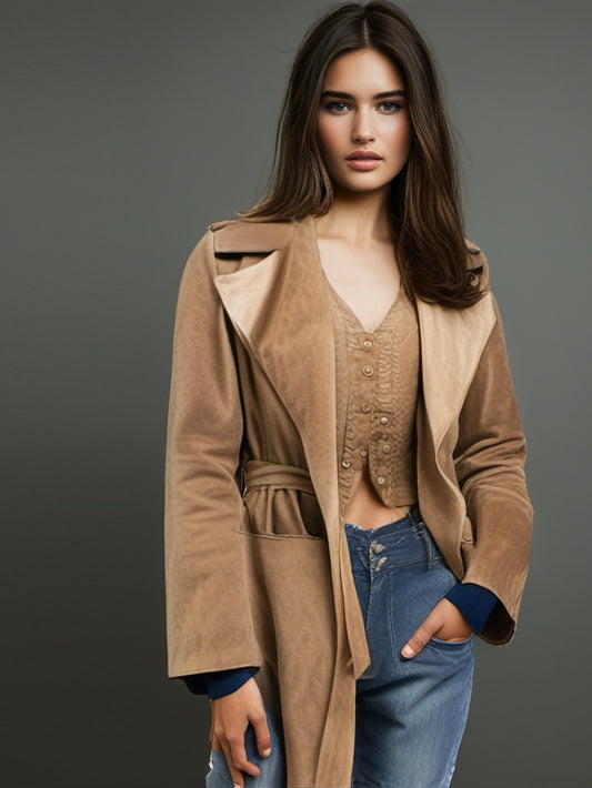 Camel Belted Trench Leather Coat for Women