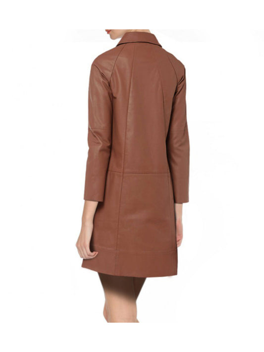 Camel Polo Collar Buttoned Leather Coat for Women
