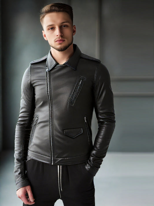 Canvas-Lined Genuine Leather Jacket for Men