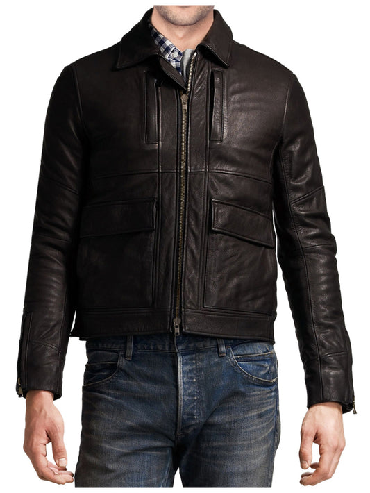 Cargo Pocket Cozy Genuine Leather Jacket for Men