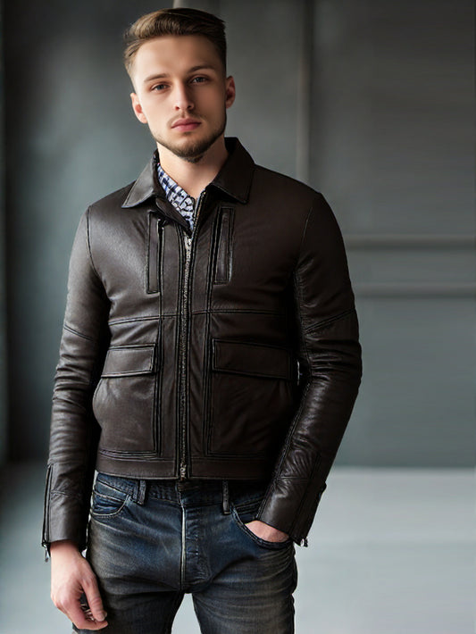 Cargo Pocket Cozy Genuine Leather Jacket for Men