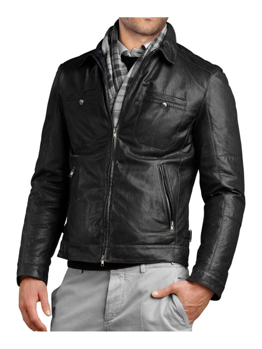 Casual Lapel Genuine Leather Biker Jacket for Men