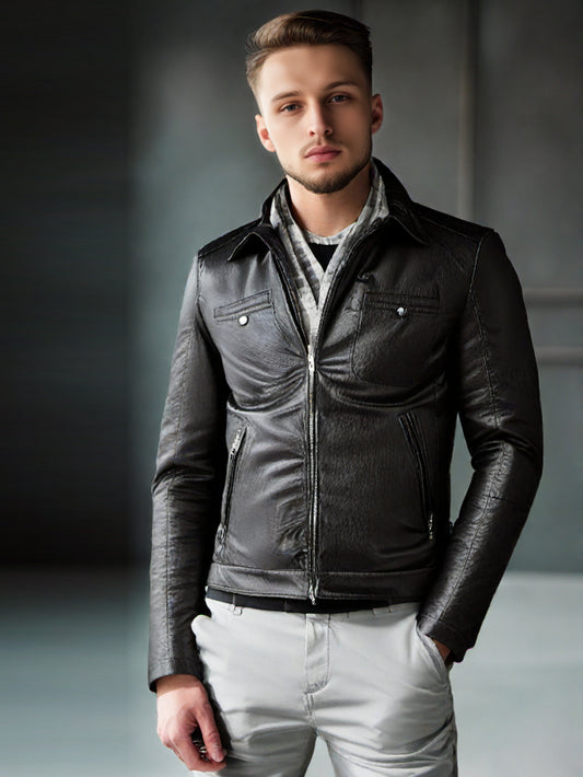 Casual Lapel Genuine Leather Biker Jacket for Men