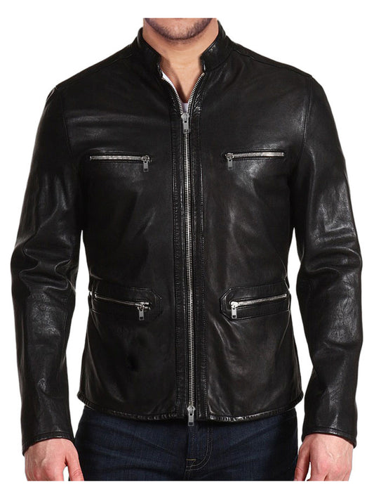 Chain Pocket Detail Genuine Leather Jacket for Men