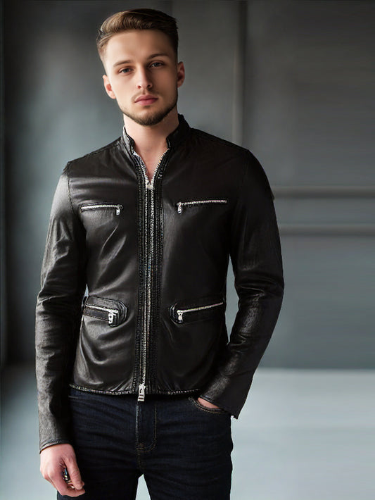 Chain Pocket Detail Genuine Leather Jacket for Men