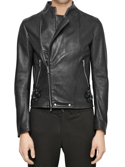 Chic Strap Detail Genuine Leather Jacket for Men