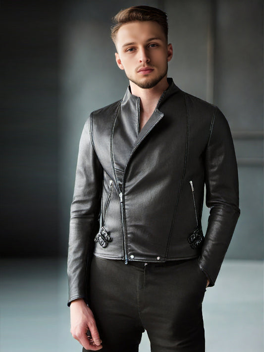Chic Strap Detail Genuine Leather Jacket for Men