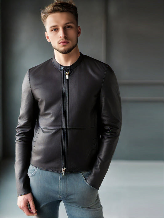 Classic Black Moto Genuine Leather Jacket for Men