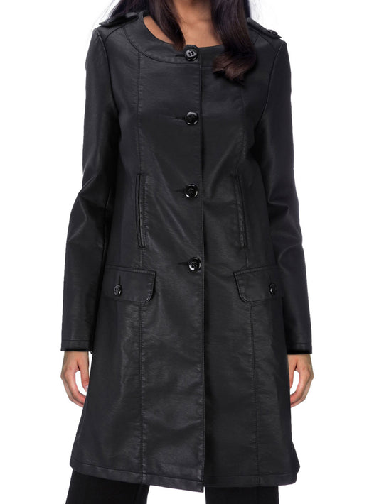 Collarless Knee-Length Leather Coat for Women