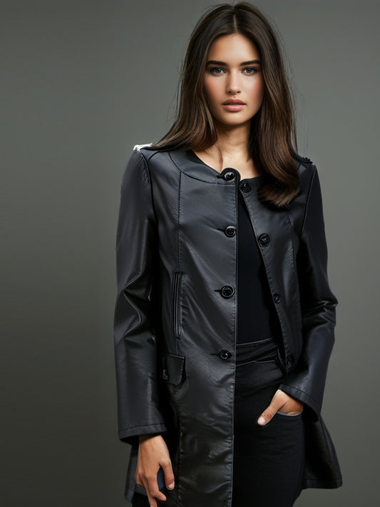 Collarless Knee-Length Leather Coat for Women