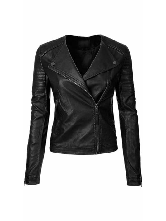 Collarless Sleek Biker Leather Jacket