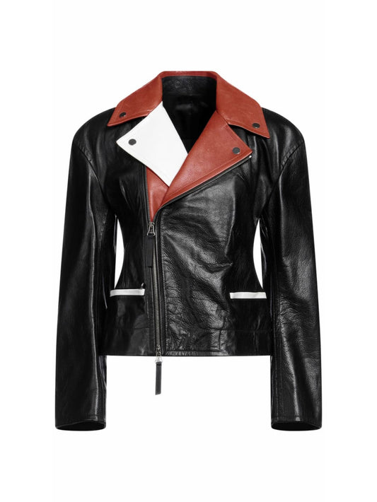 Color Block Striped Leather Moto Jacket