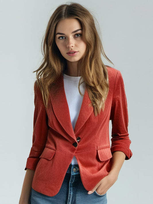Crimson Charm Suede Leather Blazer for Women