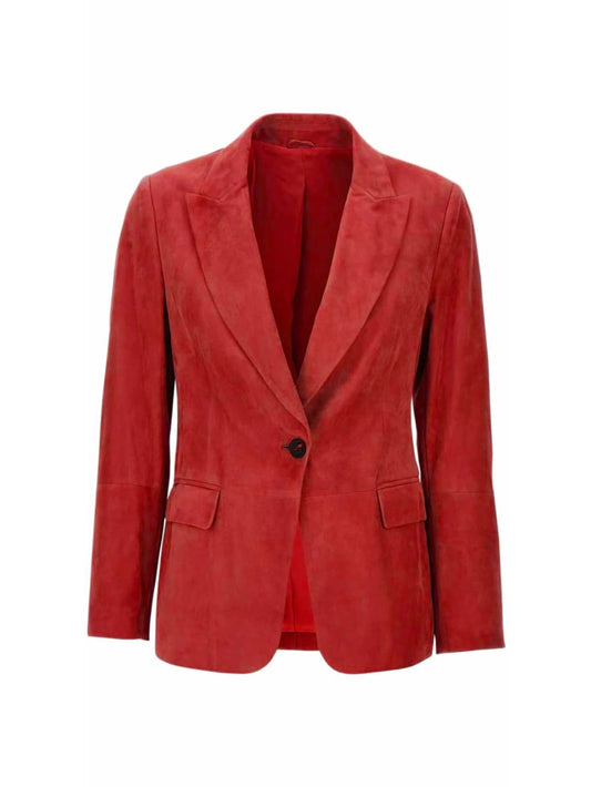 Crimson Charm Suede Leather Blazer for Women