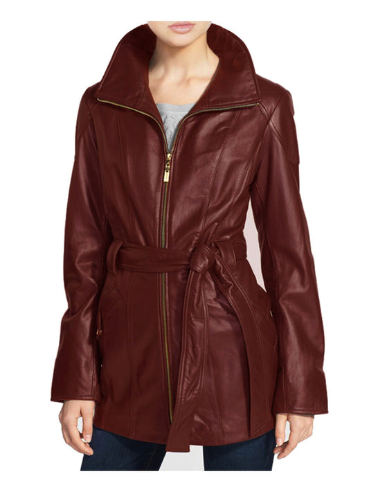 Cropped Belted Lambskin Leather Trench Coat for Women