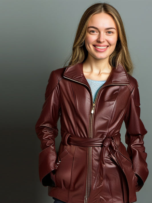 Cropped Belted Lambskin Leather Trench Coat for Women