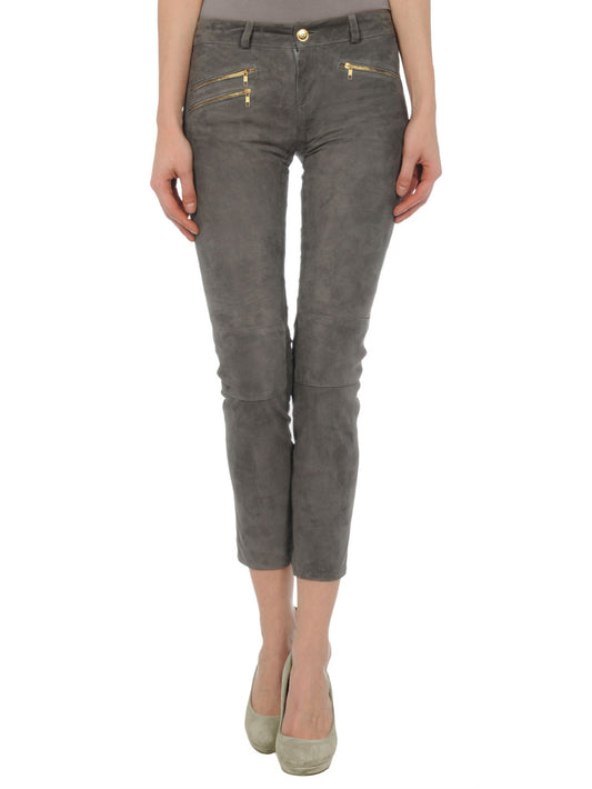 Cross-Zip Capri Leather Pants