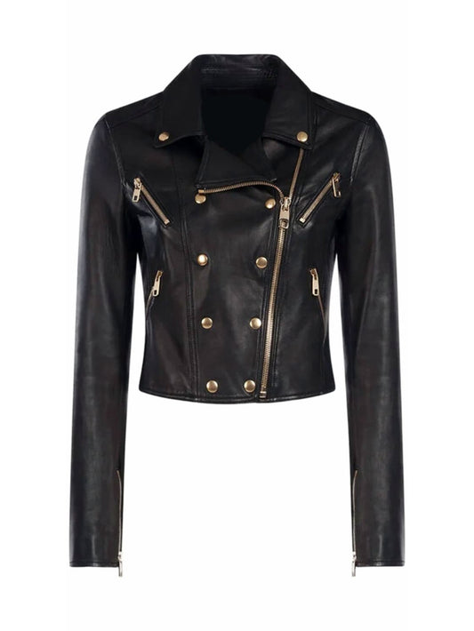 Cross Zip Glossy Leather Moto Jacket