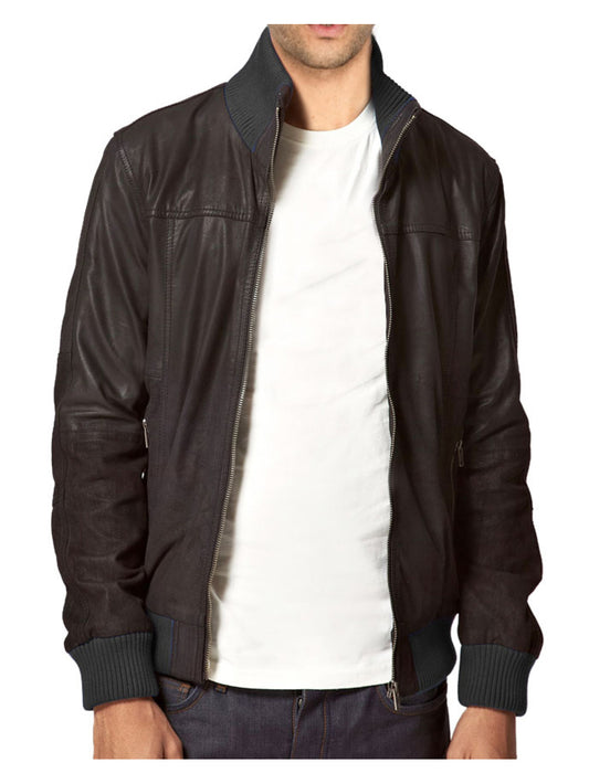 Cuffed Ribbed Detail Genuine Leather Biker Jacket for Men