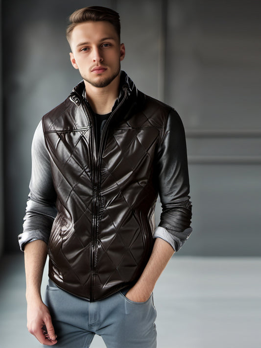 Dark Brown Quilted Genuine Leather Vest for Men