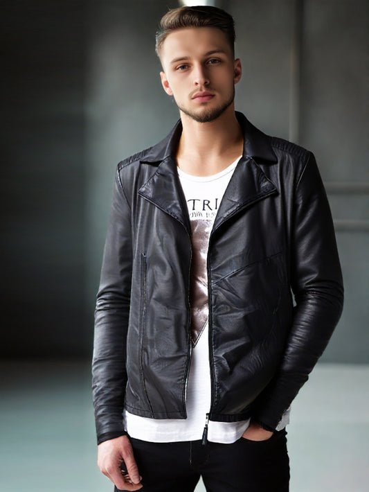 Deep Peak Lapel Genuine Leather Biker Jacket for Men