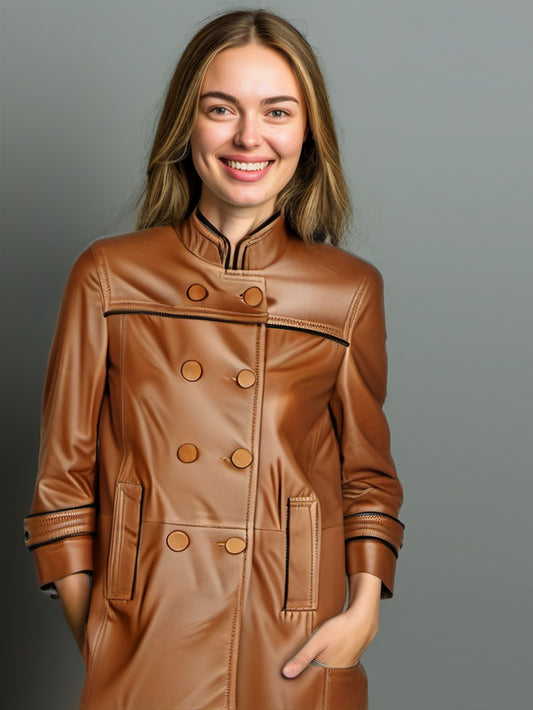 Double-Breasted Elegance Leather Coat for Women