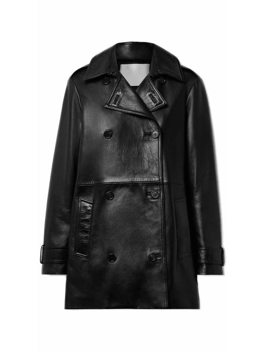 Double-Breasted Epaulette Leather Coat for Women