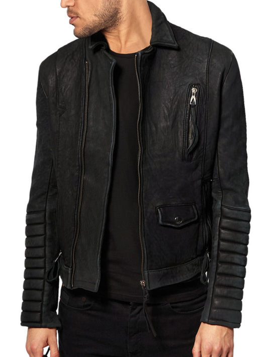 Veste de motard en cuir véritable double épaisseur pour homme